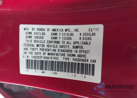 2017 Honda Accord Sport Se from USA, damaged, VIN 1HGCR2F16HA197455